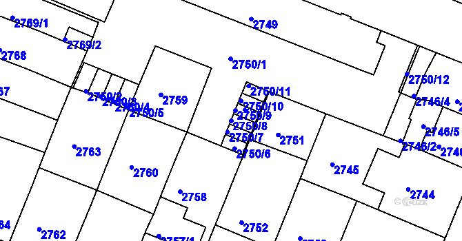 Parcela st. 2750/8 v KÚ České Budějovice 3, Katastrální mapa
