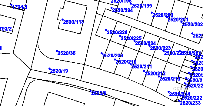 Parcela st. 2520/209 v KÚ České Budějovice 5, Katastrální mapa