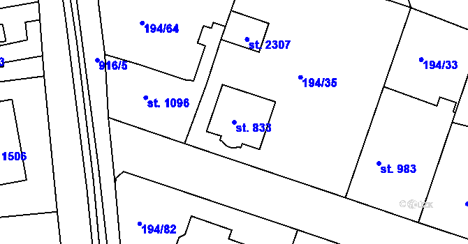 Parcela st. 833 v KÚ Český Brod, Katastrální mapa