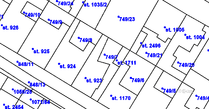 Parcela st. 749/7 v KÚ Český Brod, Katastrální mapa