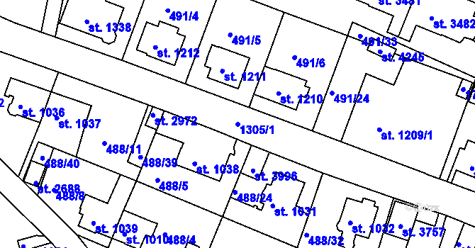 Parcela st. 1305/1 v KÚ Český Krumlov, Katastrální mapa