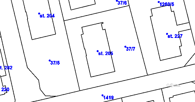 Parcela st. 205 v KÚ Čestice, Katastrální mapa