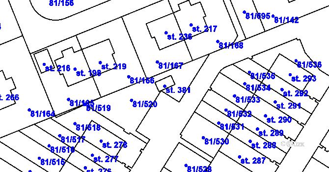 Parcela st. 381 v KÚ Nupaky, Katastrální mapa