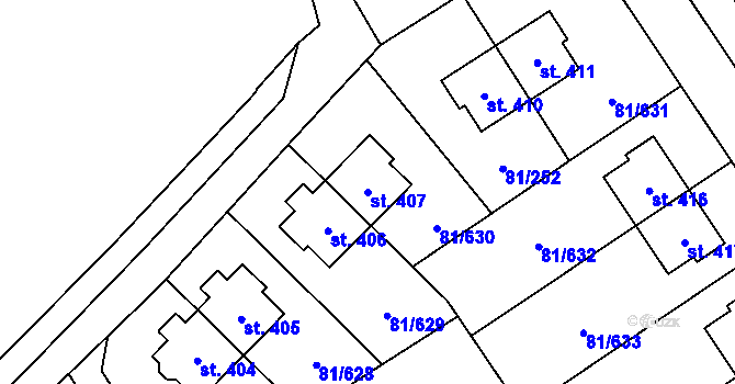 Parcela st. 407 v KÚ Nupaky, Katastrální mapa