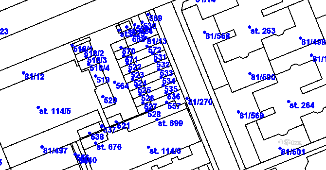 Parcela st. 535 v KÚ Nupaky, Katastrální mapa