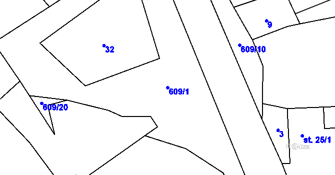 Parcela st. 609/1 v KÚ Tunochody, Katastrální mapa