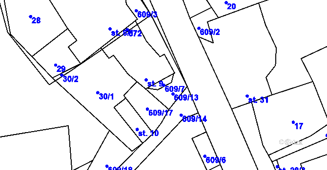 Parcela st. 609/7 v KÚ Tunochody, Katastrální mapa