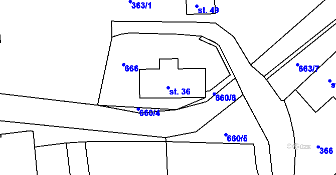 Parcela st. 36 v KÚ Potočná u Číměře, Katastrální mapa