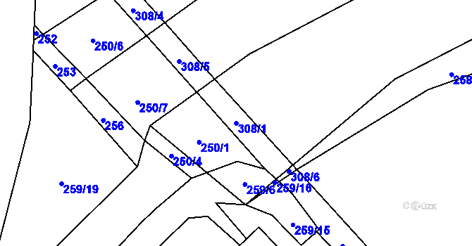 Parcela st. 308/1 v KÚ Činěves, Katastrální mapa