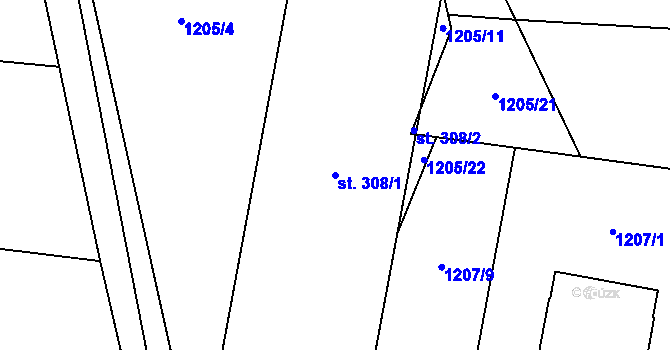 Parcela st. 308/1 v KÚ Činěves, Katastrální mapa