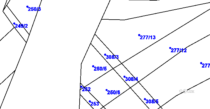 Parcela st. 308/3 v KÚ Činěves, Katastrální mapa