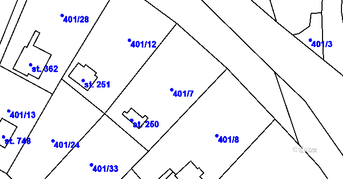 Parcela st. 401/7 v KÚ Čisovice, Katastrální mapa