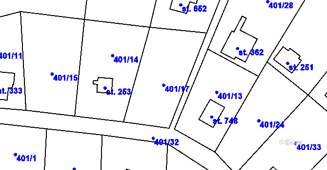 Parcela st. 401/17 v KÚ Čisovice, Katastrální mapa