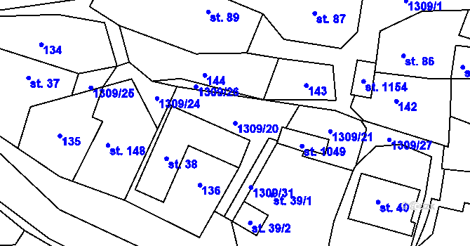 Parcela st. 1309/20 v KÚ Čisovice, Katastrální mapa