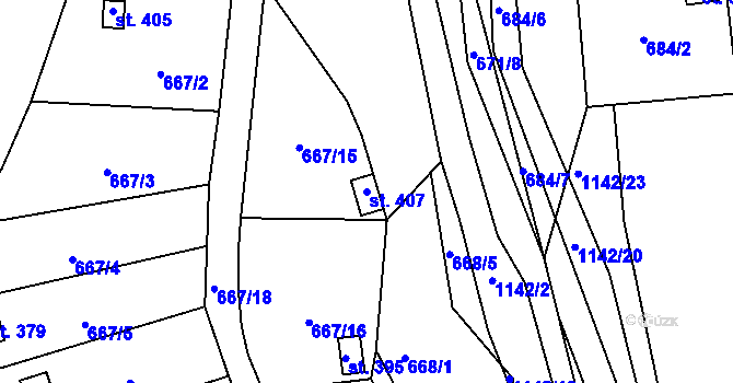 Parcela st. 407 v KÚ Čkyně, Katastrální mapa