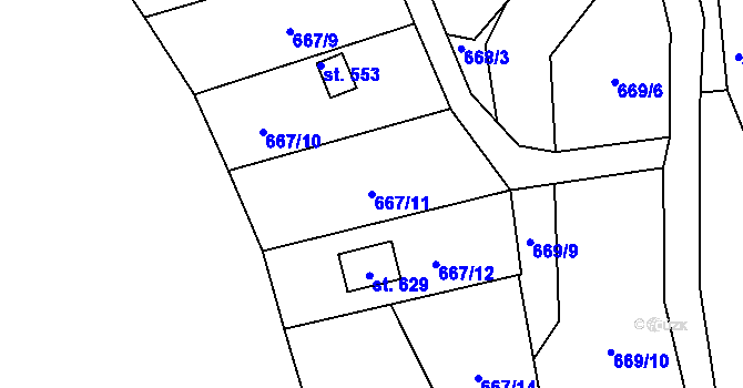 Parcela st. 667/11 v KÚ Čkyně, Katastrální mapa