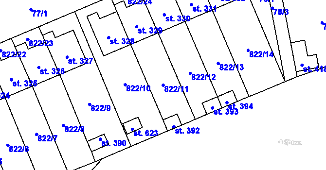 Parcela st. 822/11 v KÚ Čkyně, Katastrální mapa