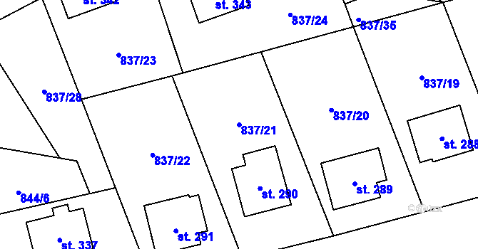 Parcela st. 837/21 v KÚ Čkyně, Katastrální mapa