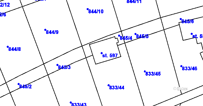 Parcela st. 597 v KÚ Čkyně, Katastrální mapa