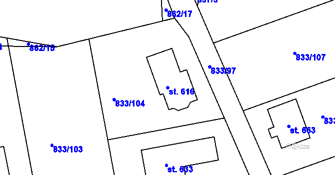 Parcela st. 616 v KÚ Čkyně, Katastrální mapa