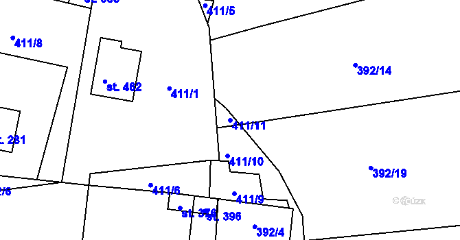 Parcela st. 411/11 v KÚ Čkyně, Katastrální mapa