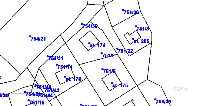 Parcela st. 751/2 v KÚ Kunějov, Katastrální mapa