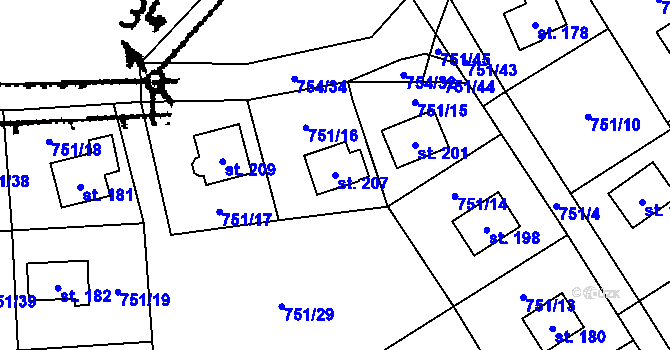Parcela st. 207 v KÚ Kunějov, Katastrální mapa