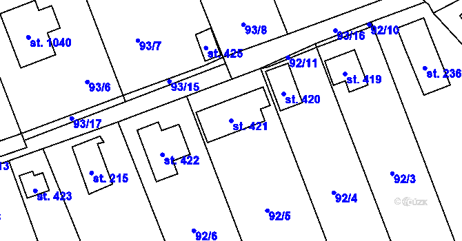 Parcela st. 421 v KÚ Čtyřkoly, Katastrální mapa