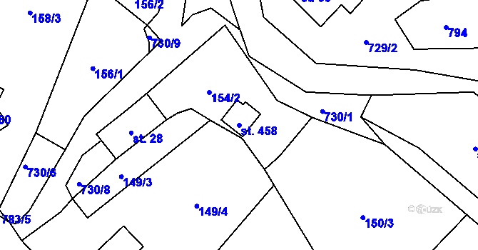 Parcela st. 458 v KÚ Čtyřkoly, Katastrální mapa
