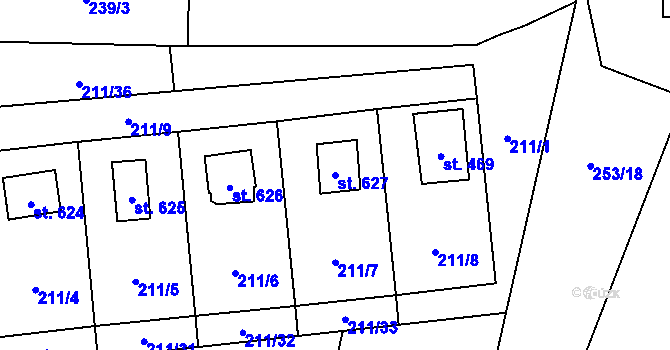 Parcela st. 627 v KÚ Čtyřkoly, Katastrální mapa