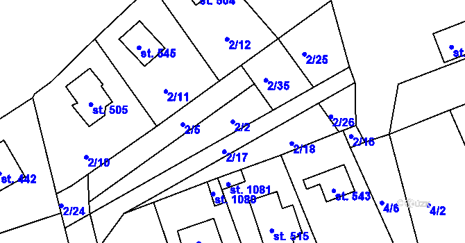 Parcela st. 2/2 v KÚ Čtyřkoly, Katastrální mapa