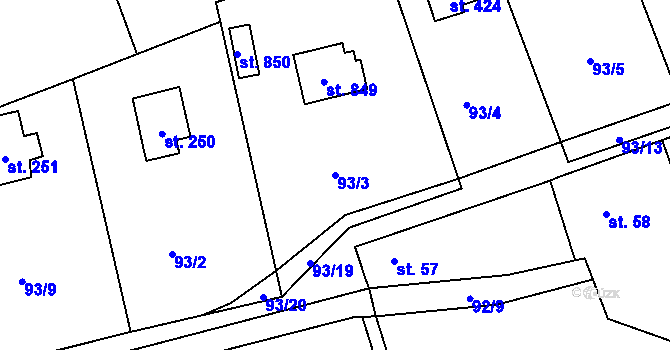Parcela st. 93/3 v KÚ Čtyřkoly, Katastrální mapa