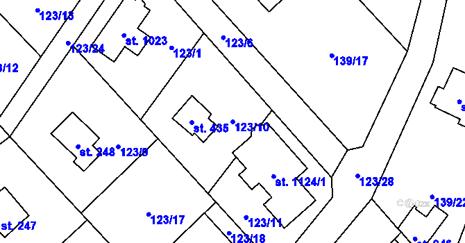 Parcela st. 123/10 v KÚ Čtyřkoly, Katastrální mapa
