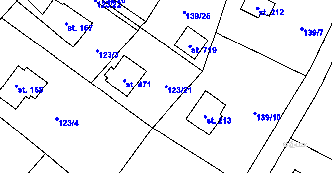 Parcela st. 123/21 v KÚ Čtyřkoly, Katastrální mapa