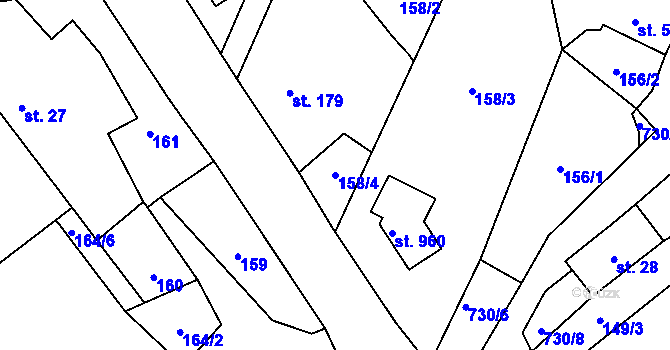 Parcela st. 158/4 v KÚ Čtyřkoly, Katastrální mapa