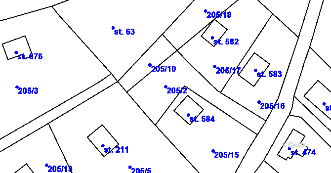 Parcela st. 205/2 v KÚ Čtyřkoly, Katastrální mapa