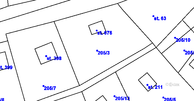 Parcela st. 205/3 v KÚ Čtyřkoly, Katastrální mapa