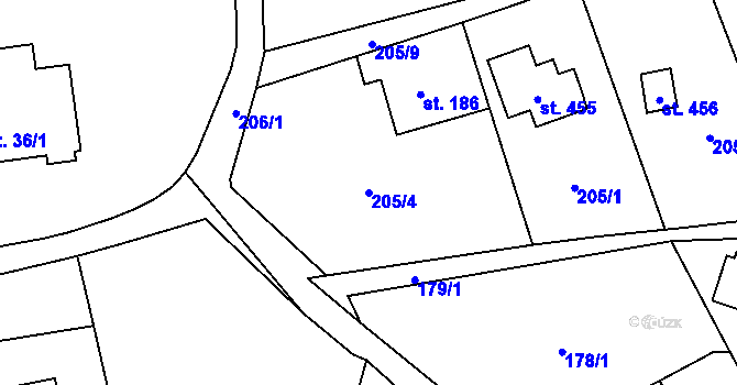 Parcela st. 205/4 v KÚ Čtyřkoly, Katastrální mapa