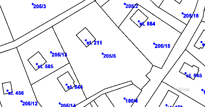 Parcela st. 205/5 v KÚ Čtyřkoly, Katastrální mapa