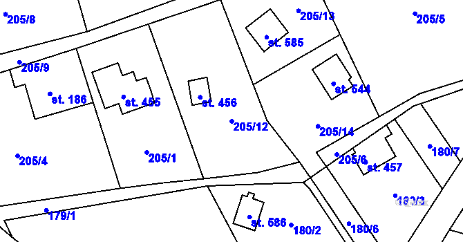 Parcela st. 205/12 v KÚ Čtyřkoly, Katastrální mapa