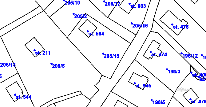 Parcela st. 205/15 v KÚ Čtyřkoly, Katastrální mapa