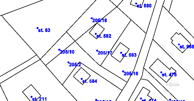 Parcela st. 205/17 v KÚ Čtyřkoly, Katastrální mapa