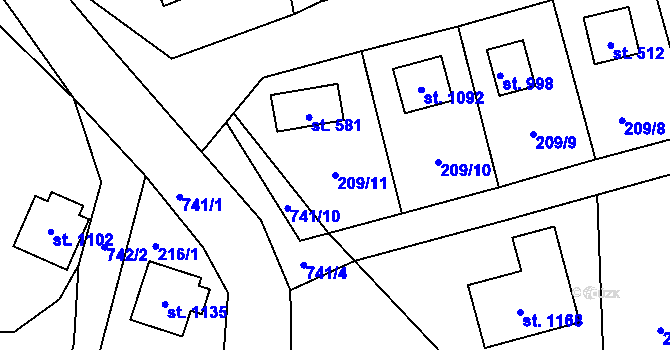 Parcela st. 209/11 v KÚ Čtyřkoly, Katastrální mapa