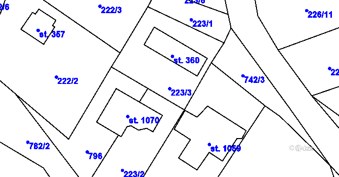 Parcela st. 223/3 v KÚ Čtyřkoly, Katastrální mapa