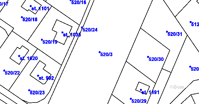 Parcela st. 520/3 v KÚ Čtyřkoly, Katastrální mapa
