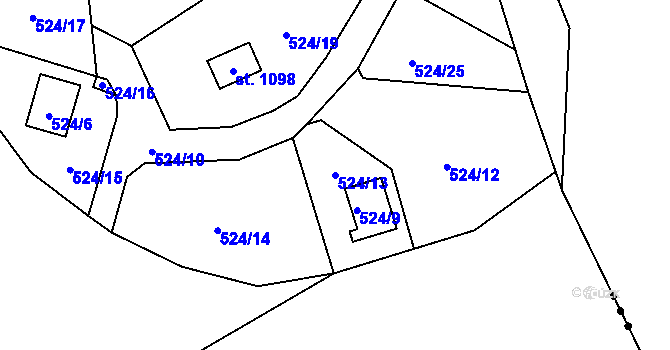 Parcela st. 524/13 v KÚ Čtyřkoly, Katastrální mapa