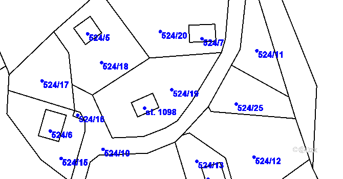 Parcela st. 524/19 v KÚ Čtyřkoly, Katastrální mapa