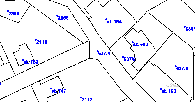 Parcela st. 637/4 v KÚ Čtyřkoly, Katastrální mapa