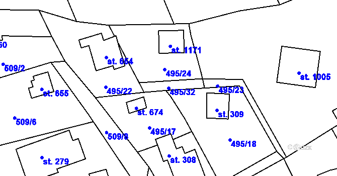 Parcela st. 495/32 v KÚ Čtyřkoly, Katastrální mapa