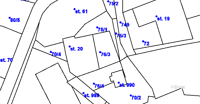 Parcela st. 76/3 v KÚ Čtyřkoly, Katastrální mapa